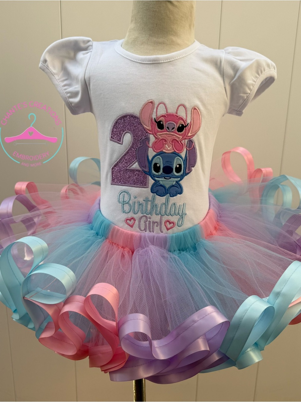 Girls 2nd Birthday Tutu Dress with Stitch Applique - Pastel Pink Blue Lavender